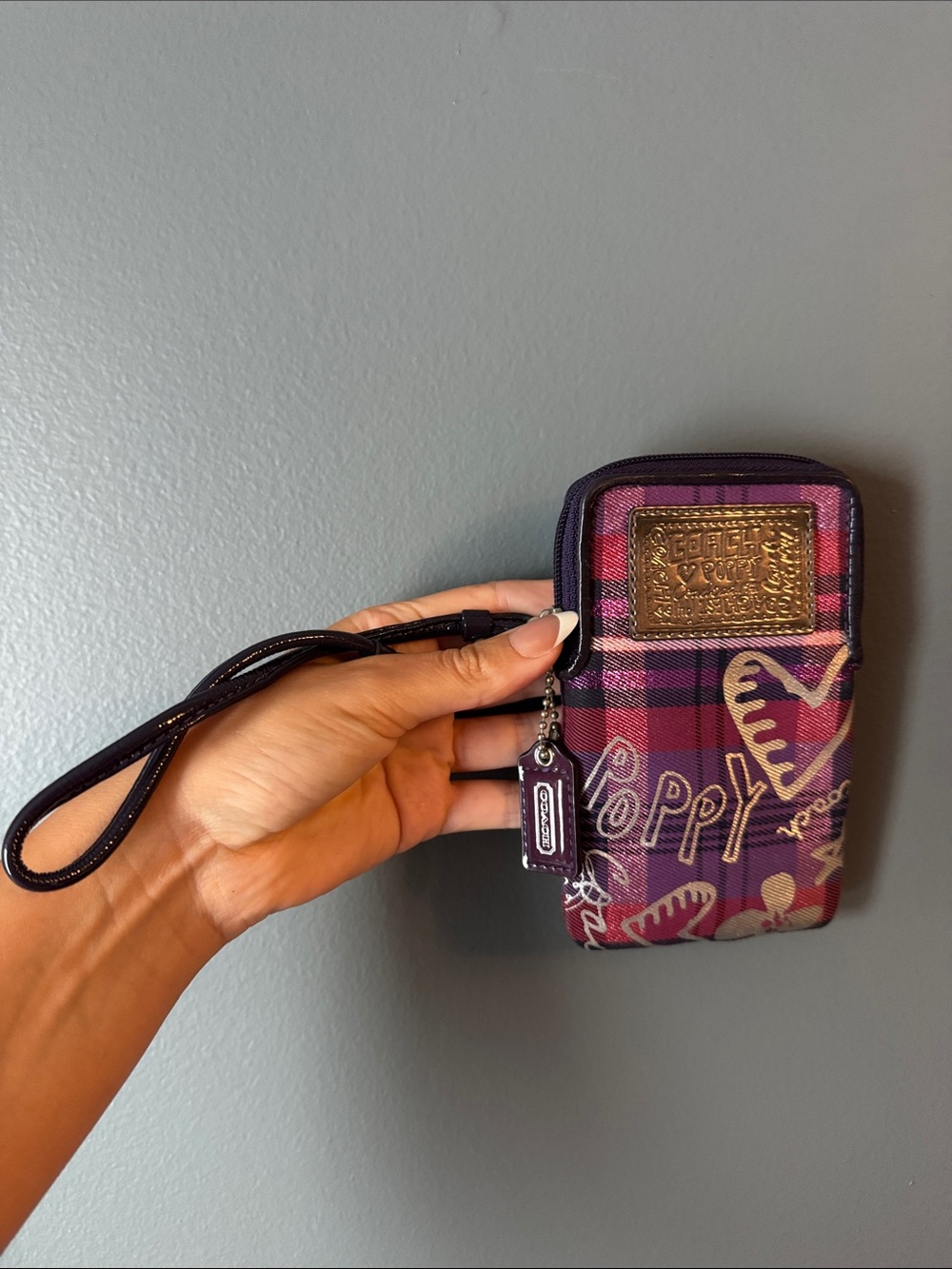 Coach Poppy Wristlet Phone Case in Purple and Pink Plaid